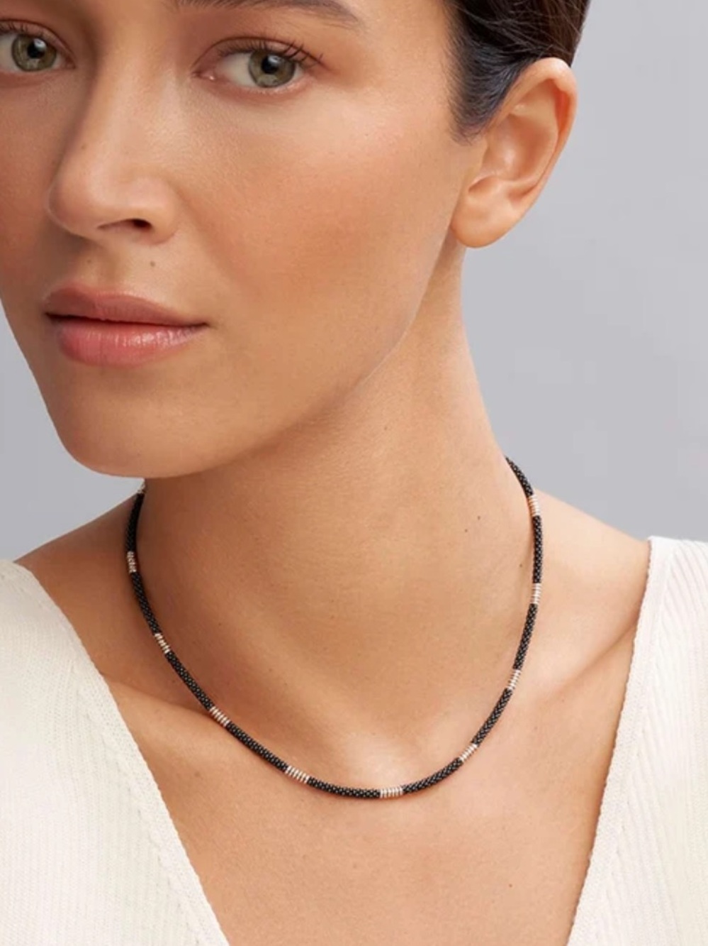 LAGOS Black Silver Station Ceramic Beaded Necklace